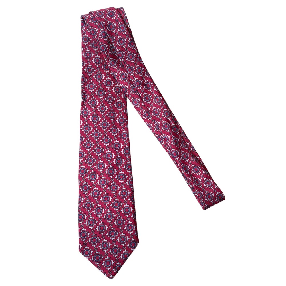 Hermes Paris Silk Tie Red Blue Horsebit Geometric Pattern 7115 FA Equestrian - Picture 3 of 8